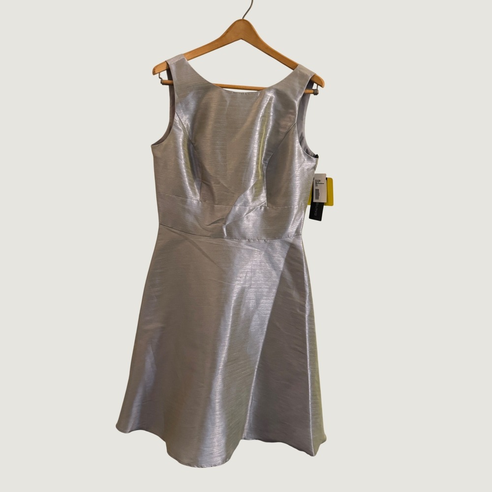Alfred Sung D681 Mystic Silver Dupioni Bow Back Cocktail Dress Womens 14 NEW